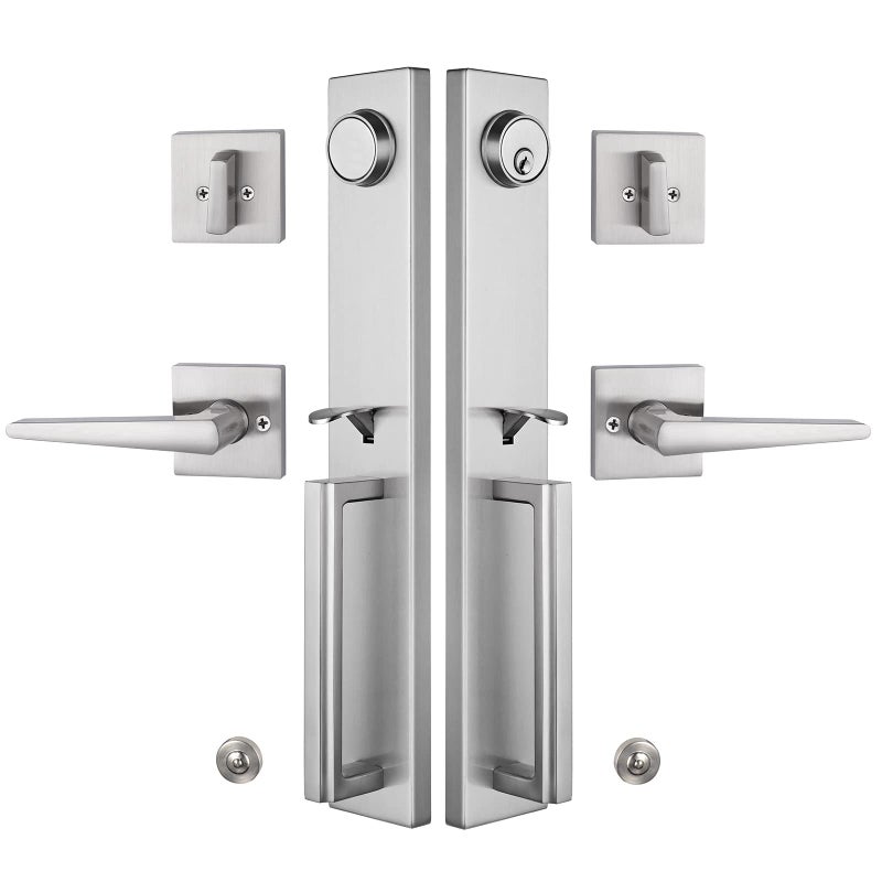 TMC Double Door Handlset for Front Door Brushed Nickel Finish (Keyed Entry Handle and Dummy Hanlset Set),MDHST2016SN-DOUBLE-1 - Image 1